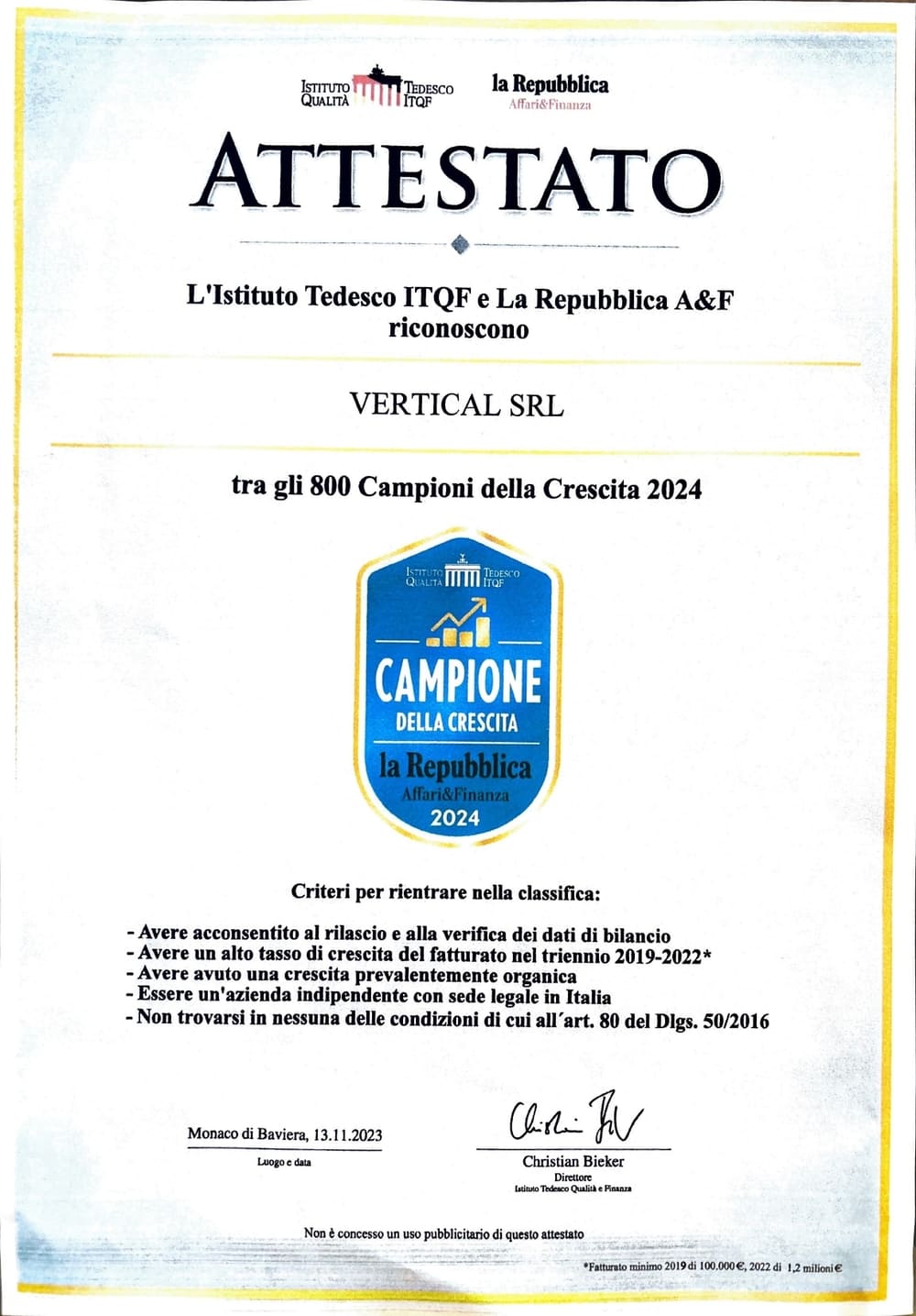 Attestato Vertical_Campioni della crescita 2024 Campioni della Crescita 2024